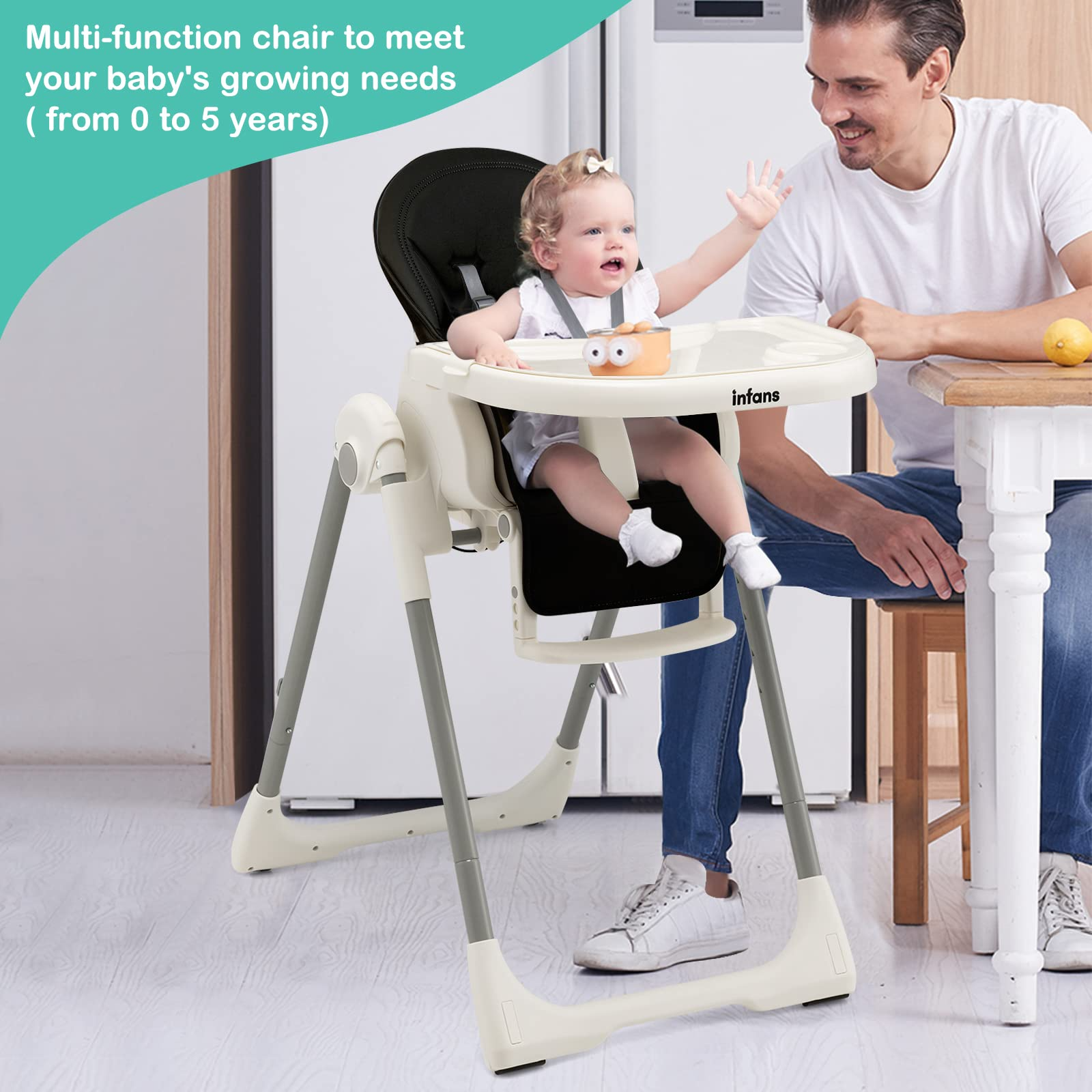 INFANS High Chair for Babies and Toddlers, Foldable Highchair with 7 Different Heights 4 Reclining Backrest Seat 3 Setting Footrest INFANS