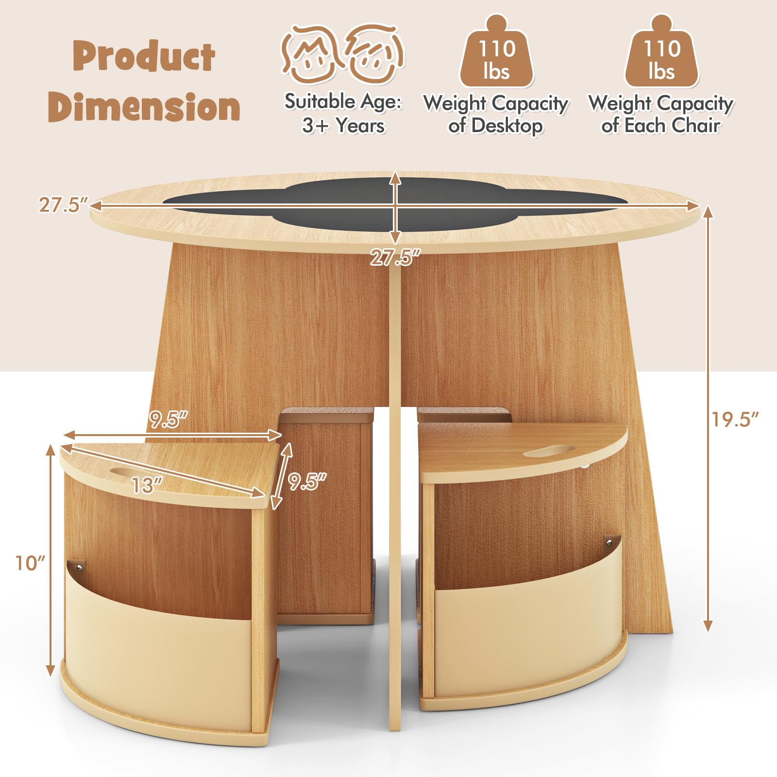 INFANS Toddler Table and Chair Set with 4 Storage Stools, Wooden Flower Shaped Nesting Table with Blackboard Drawers