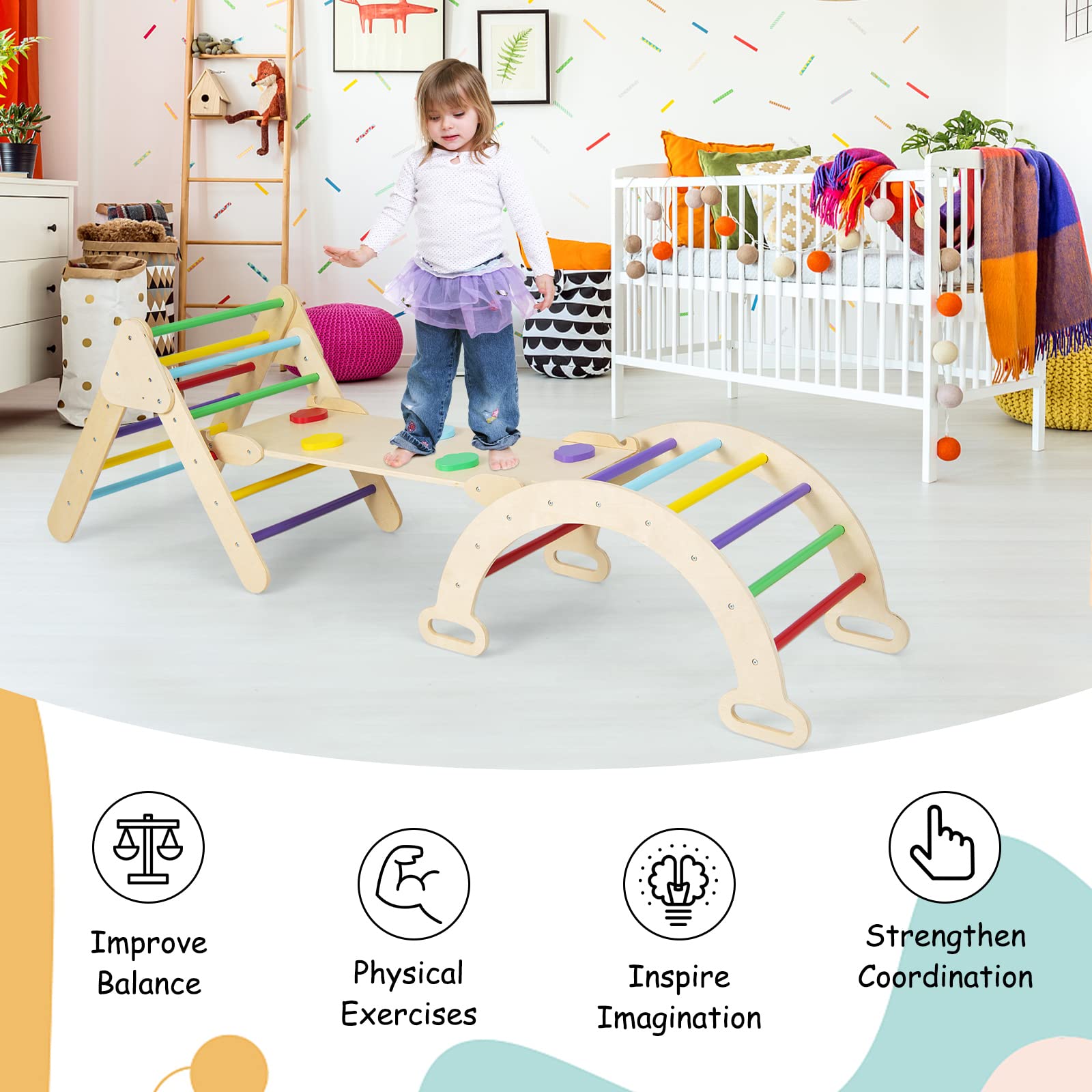 INFANS Climbing Toys for Toddlers, 5 in 1 Kids Wooden Montessori Triangle Set Climber Toy, Indoor Climb Activity