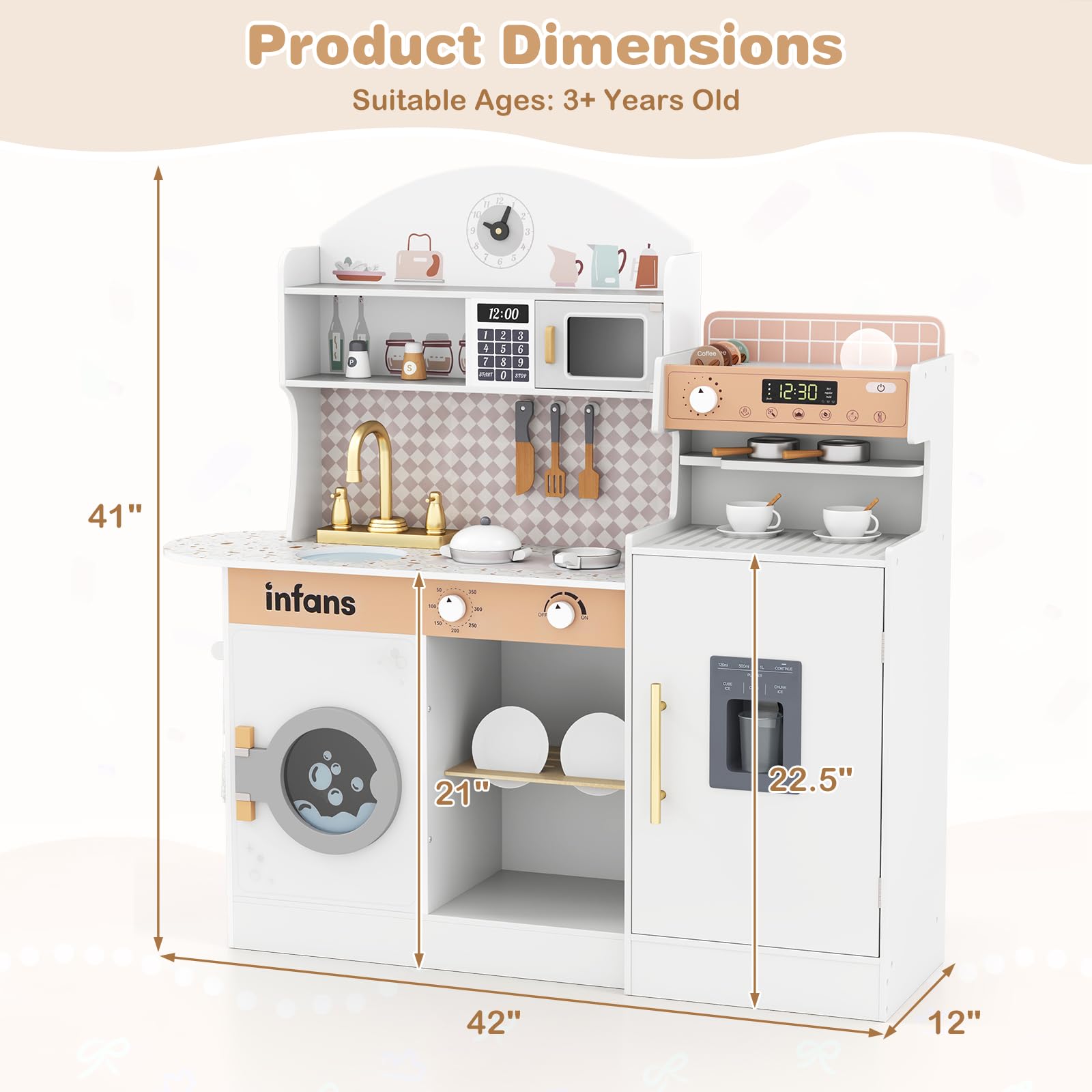 INFANS Kids Kitchen Playset, Toddler Wooden Kitchen Pretend Cooking Toy Set with Coffee Maker