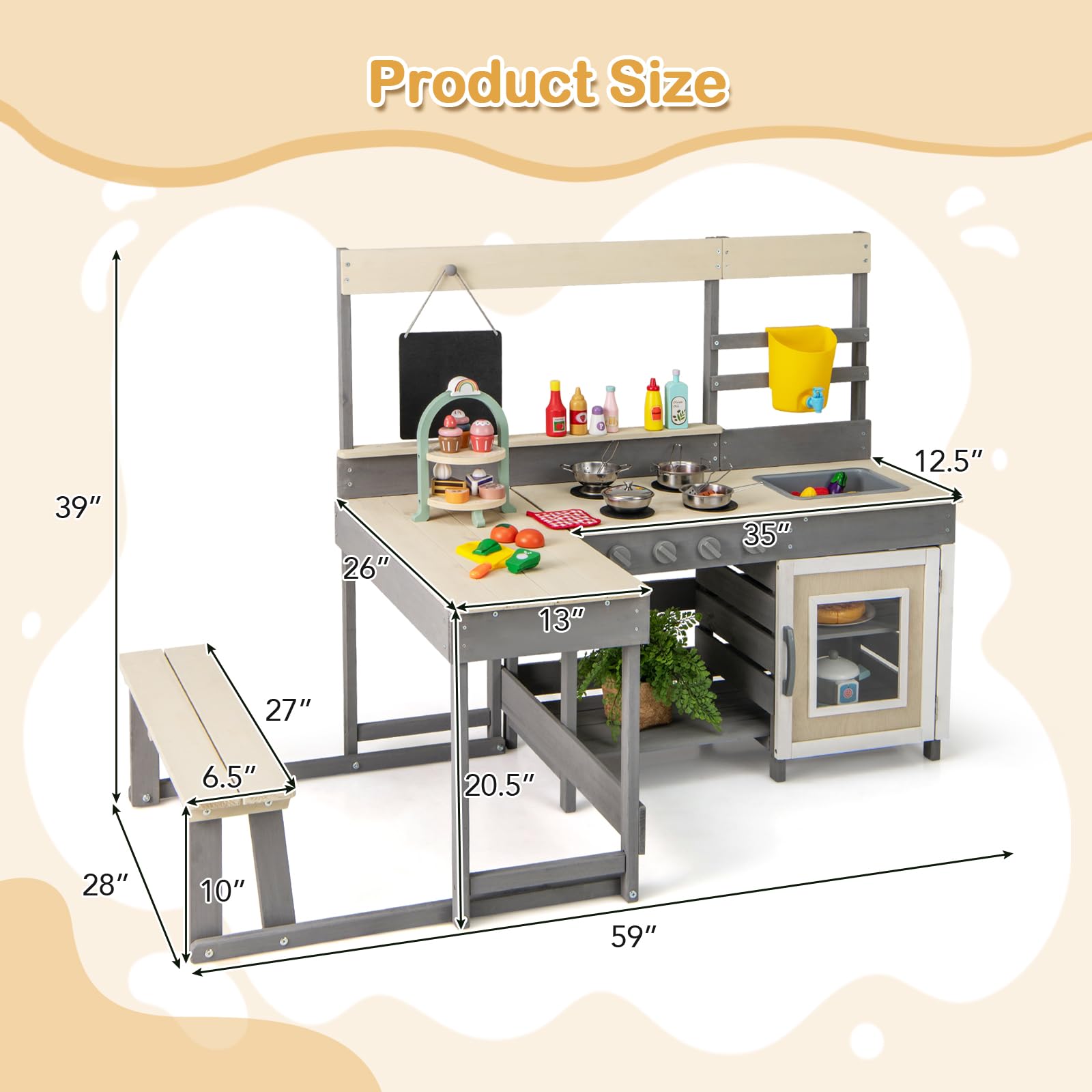 INFANS Mud Kitchen, Outdoor Play Kitchen with Faucet Chalkboard Stoves Removable Sink Cooking Accessories Wooden Kids Kitchen Playset
