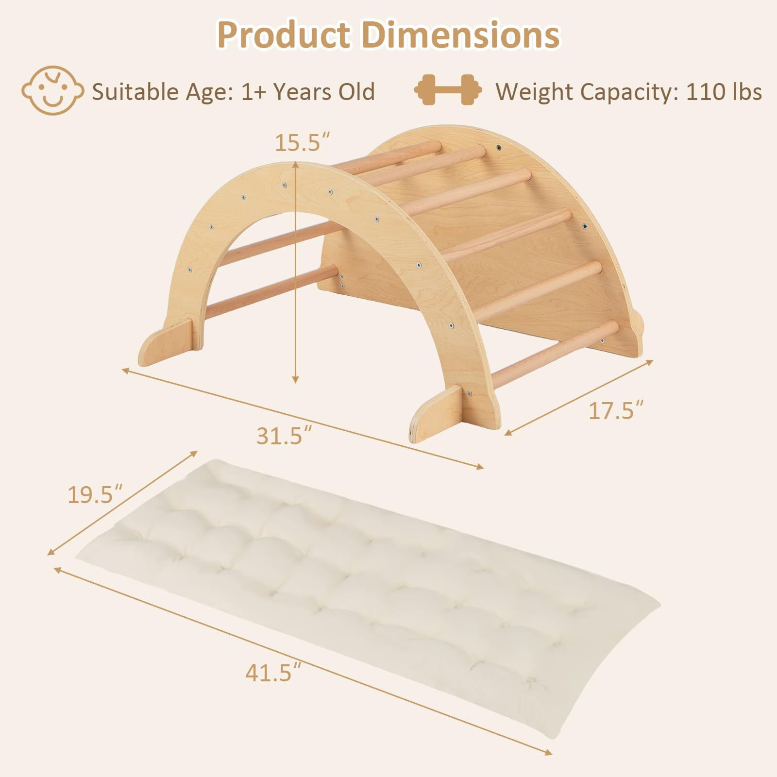 INFANS 6 in 1 Montessori Wooden Arch Climber Rocker with Cushion
