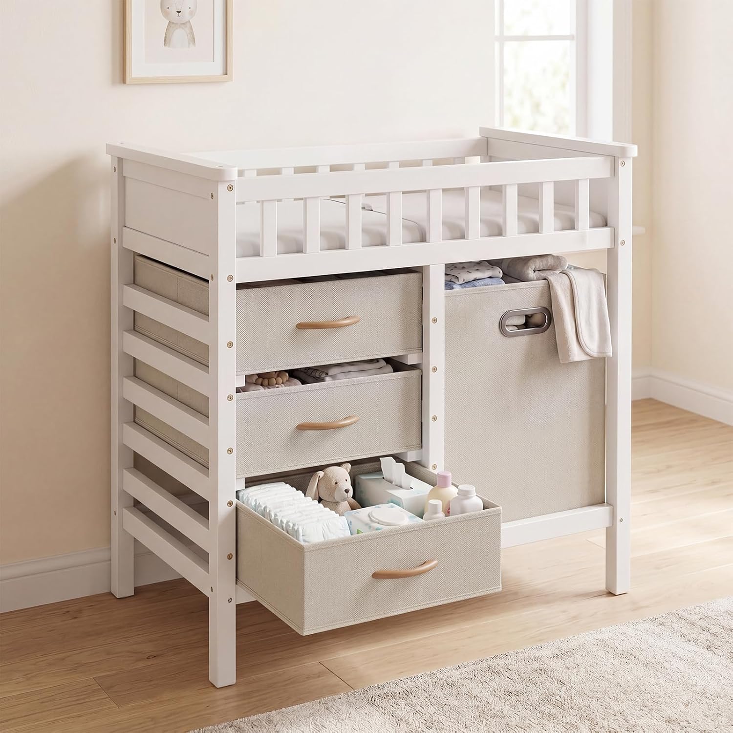 INFANS Wooden Baby Changing Table with 3 Fabric Drawers & Laundry Hamper