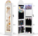 INFANS Kids Jewelry Armoire Cabinet, 360° Swivel Lockable Standing Makeup Organizer with Interior Lights, Rotatable Full-Length LED Vanity Mirror with Foldable Fabric Drawer for Girls