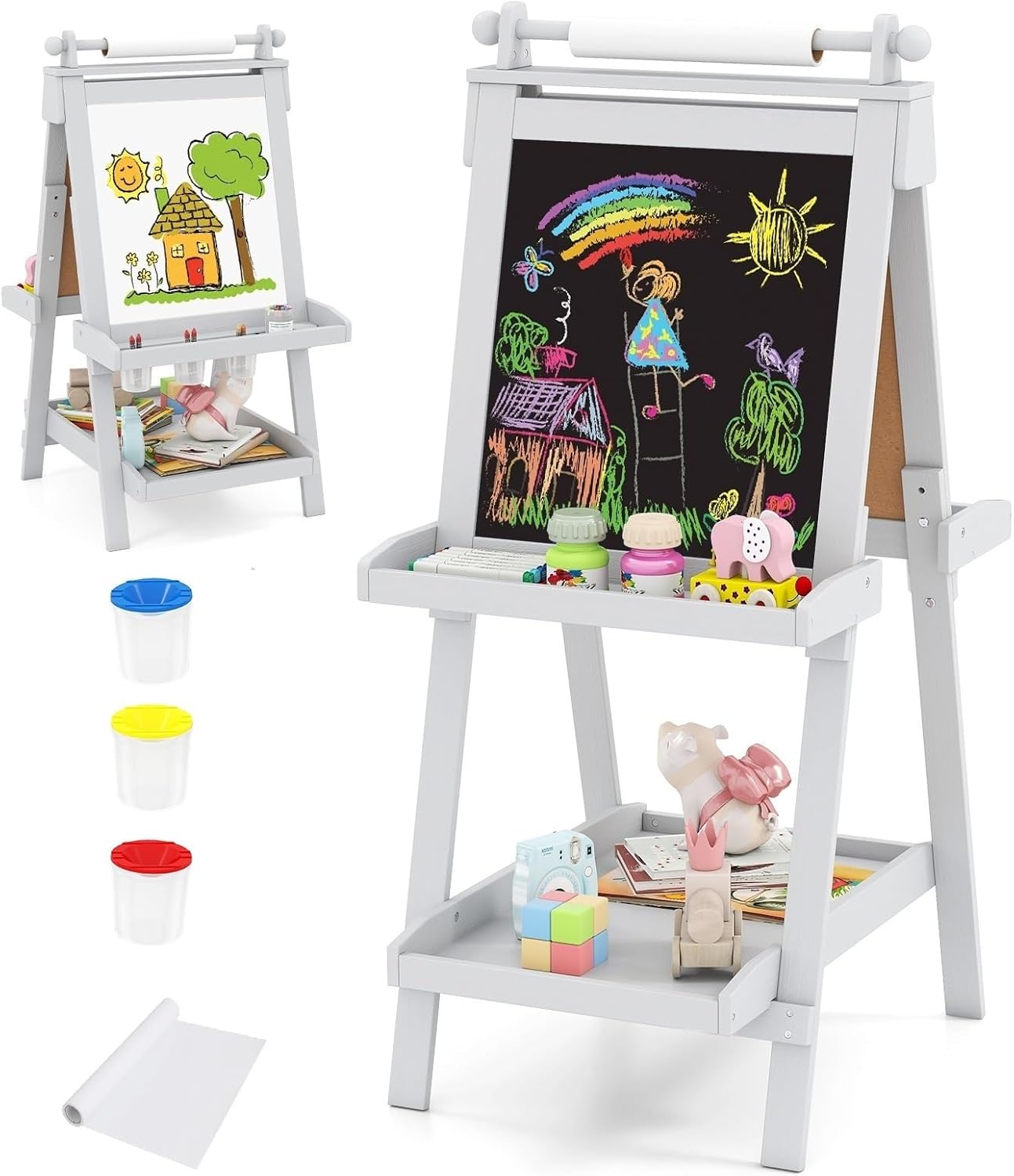 INFANS Easel for Kids, 3 in 1 Adjustable Painting Art Board, Foldable Double-Sided Wooden Drawing Chalkboard Magnetic Whiteboard with Paper Roll, Storage Rack, Cups for Boy Girls