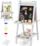INFANS Easel for Kids, 3 in 1 Adjustable Painting Art Board, Foldable Double-Sided Wooden Drawing Chalkboard Magnetic Whiteboard with Paper Roll, Storage Rack, Cups for Boy Girls