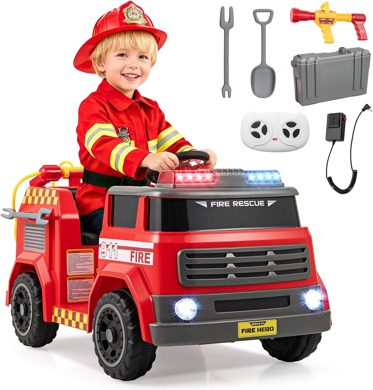 INFANS 12V Ride on Fire Truck with Water Gun, Tank, Megaphone, Siren, Alarm Lamps, Shovel, Remote Control, Music, Aged 3+ Years
